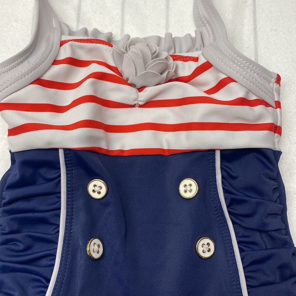 Janie & Jack Baby Girl Retro Stripe One Piece Swimwear in Red and Blue,size 6-12 - Picture 2 of 6